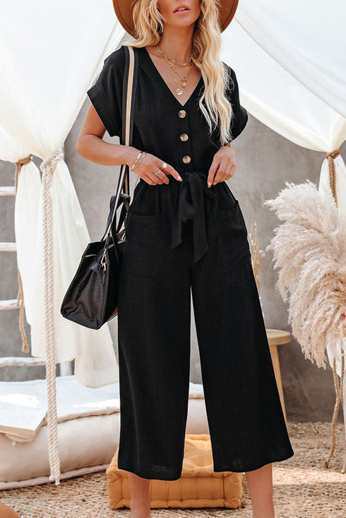 Effortless Style Dolman Sleeve V Neck Button Front Belted Wide Leg Jumpsuit